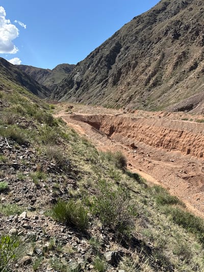 The image depicts a steep, rocky hillside near Krasnyy Most, Kyrgyzstan. A prominent rock face rises from the left, showing layered geological formations. Adjacent to the rock face is a vertical, eroded earth section with reddish-brown soil. The right side of the image shows a mix of grasses, small shrubs, and loose rocks covering the ground. In the lower left, there is a blue sky with a few white clouds.