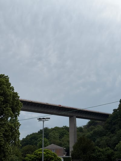The image shows a low-angle view of the Charles de Gaulle bridge, a concrete bridge in Dinant, Belgium. The bridge spans a tree-filled valley, with sections of residential buildings visible on the right side. A light pole with electrical equipment stands in the foreground, partially obscured by trees. The sky is overcast with light gray clouds. The image is rotated to the left.