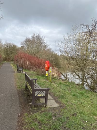 The image shows a park scene in Dunfermline, United Kingdom. A paved path runs along the bottom of the frame, with two dark-stained wooden benches facing towards the right side of the image. A grassy bank rises to the right of the path, meeting the edge of a body of water. A bare tree hangs over the bank. An orange life preserver is mounted on a post behind the first bench, with a yellow "Danger Deep Water" sign attached to the post. The opposite side of the path features a dense collection of bushes, some with reddish-brown foliage. The sky is overcast and gray.