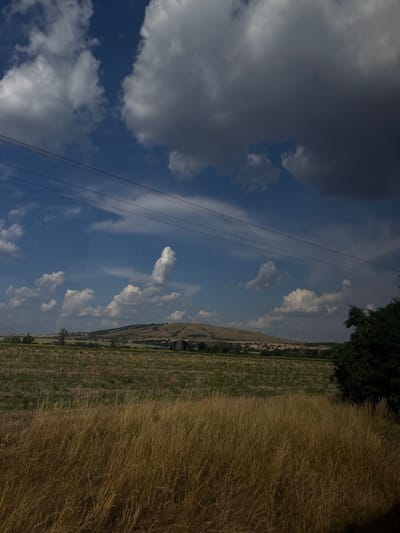 The image depicts a rural landscape in Svoboda, Bulgaria, under a partly cloudy sky. The scene is dominated by a vast expanse of dry, tall grass in the foreground, which occupies the right side of the frame. To the left of the grass field, a neatly tilled agricultural field stretches into the distance, with rows of vegetation visible. A gentle, undulating hillside forms the backdrop, dotted with scattered trees and some structures that are difficult to discern clearly.
The sky is a mix of deep blue and dark, dramatic clouds, suggesting dynamic weather conditions. Several power lines are visible diagonally across the sky, indicating human infrastructure in the otherwise natural setting. The lighting suggests it is daytime, likely late afternoon or early evening, given the quality of light and the presence of shadows. The overall mood is tranquil and natural, with a hint of the wildness of the tall grass. There is no visible text in the image.