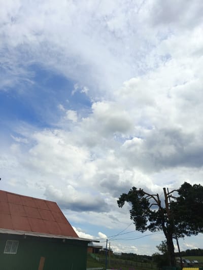 The image depicts a cloudy sky above a rural landscape. On the left, a green building with a rusted red corrugated metal roof is visible, featuring a single window. To the right, a large tree with pruned branches extends across the frame, with power lines running in front of it. In the background, a cluster of houses and trees suggests a village or settlement. The overall impression is one of a quiet, overcast day in a countryside setting. The location is specified as Islambaevo, Russia.