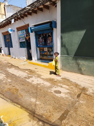 The image depicts a street scene in Pedda Kammavaripalli, India, under clear daylight with strong shadows. A young girl, approximately 5-7 years old, stands slightly right of center on an uneven, gravelly street surface. She wears a patterned light green two-piece outfit and light-colored flip-flops, with her dark hair in two pigtails. In her left hand, she holds a translucent yellow plastic bag. She is looking directly towards the viewer.
To her left, a white-painted building with a flat roof and exposed dark wooden ceiling joists features a blue "Mother Dairy" sign above a window with a blue grate. Adjacent to this, a shop entrance is partially open, revealing a blue rolling shutter above shelves stocked with various packaged goods. A yellow painted curb runs along the base of this building. The ground in front of the shop shows white chalk-like markings. Further left, another blue-grated window and a small section of a motorcycle are visible.
To the girl's right, a plain, dark green textured wall stands, with a distinct triangular shadow cast across its upper portion. The ground beneath the girl and extending into the foreground is cracked and features several darker, wet patches, including a narrow puddle in a crack extending towards the upper right. The sky overhead is clear blue.