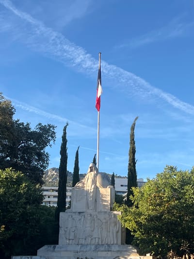 The image depicts a monument with a French flag flying in the background. The monument appears to be a war memorial, with sculpted figures at its base. In front of the monument, there are tall cypress trees and lush green foliage. In the background, a modern building with multiple stories is visible, situated against a backdrop of rocky hills. The sky is clear blue with some wispy white clouds. The location is identified as Toulon, France, likely a public square or park.