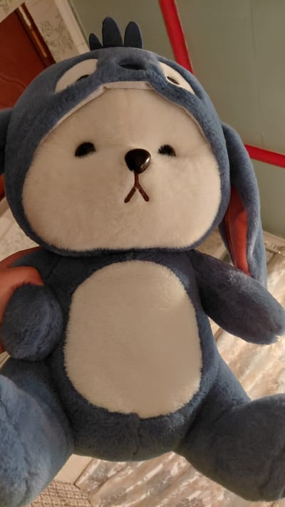 This media file is a close-up, low-angle shot of a blue plush toy, likely a rabbit or a similar creature, being held. The toy has a white belly and face, with black button eyes and a small brown nose stitched in an "X" shape. It appears to be wearing a blue hood with ear-like appendages that have pink insides. The toy is positioned horizontally, with its head on the left and body extending to the right.

The background consists of a patterned fabric, possibly a blanket or upholstery, in light beige and brown tones. Above the toy, a red-painted structure is visible, possibly part of a ceiling or a decorative element. To the left of the toy, a door with a patterned texture and a dark brown color is partially visible, suggesting an indoor setting. The lighting appears to be artificial, casting soft shadows and highlighting the fuzzy texture of the toy.

The image captures a still moment, with no discernible activity beyond the toy being held by an unseen person, whose hand is visible at the bottom right corner. The overall impression is one of comfort and domesticity. There is no visible text in the image. The location context provided is Ak-Terek, Kyrgyzstan.