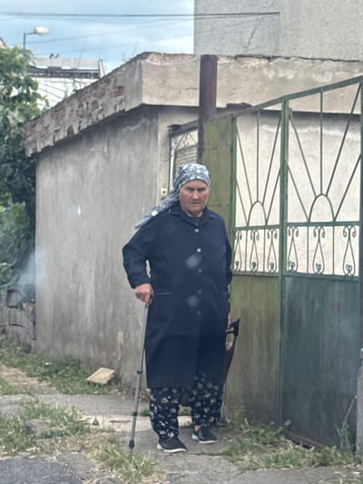 An elderly woman wearing a dark blue coat and patterned pants stands outdoors, holding a cane in her right hand. She has a patterned headscarf covering her hair. She is positioned in front of a weathered concrete wall and a green metal gate with decorative scrollwork. The surrounding environment appears to be urban, with overgrown grass and a rough pavement. In the background, a building with exposed brickwork and a street lamp are visible under a cloudy sky. The overall scene suggests a somewhat neglected urban setting.