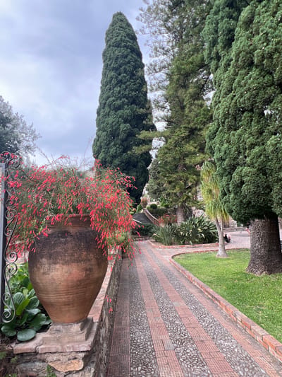 The image depicts a scenic walkway in Taormina, Italy, likely within a garden or park setting. A large, terracotta amphora filled with vibrant red flowers sits prominently on a stone ledge to the left of the frame. The walkway itself is paved with a decorative pattern of red bricks and rounded pebbles. Lush green grass borders the path, and a variety of tall, mature trees, including cypress and other conifers, create a verdant backdrop. In the distance, stairs lead up to a building, suggesting an elevated position within the landscape. A person is seated on the grass near the base of a large tree on the right side of the image, appearing relaxed. The sky is overcast, suggesting a cloudy day.