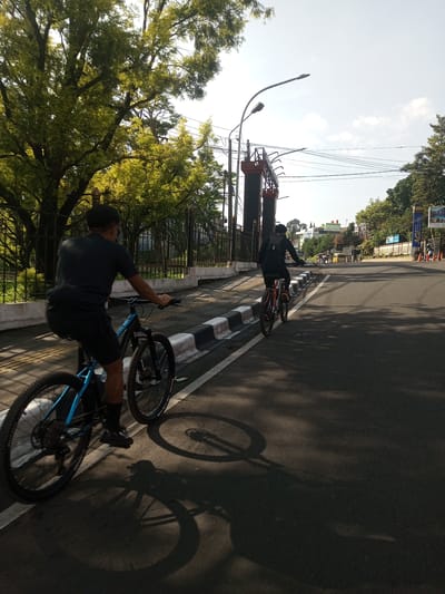 Two people ride bicycles on a paved street bordered by a black-and-white curb. The person in the foreground rides a blue-accented mountain bike and wears dark clothing. The second person, farther ahead, also rides a bicycle. The street is shadowed by trees and possibly buildings. Beyond the riders, the street continues toward distant buildings and trees under a partially cloudy sky. A streetlight and overhead wires are visible, and a metal fence lines part of the road. There's no indication of the location.