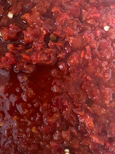 The image displays a close-up, overhead view of a chunky, bright red sauce or relish. The texture is rough and viscous, with visible pieces of what appear to be chopped tomatoes or peppers suspended in a glossy, reddish liquid. Some white specks, possibly garlic or seeds, are scattered throughout the mixture. The lighting is overhead, causing reflections and highlights on the surface of the liquid, suggesting it is a wet preparation, possibly being cooked or freshly made. There is no discernible background or environmental context in the image, and no people or animals are present. The scene is devoid of any specific location markers that would indicate it is in Александровка, Russia.