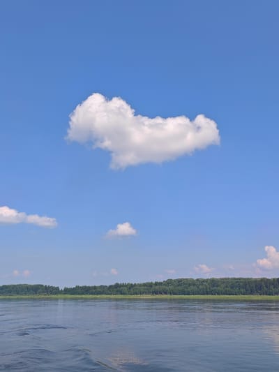 A bright, clear blue sky dominates the upper portion of the image, with a large, fluffy white cumulus cloud centrally placed. Two smaller clouds are visible in the distance. The lower half of the image depicts a wide, calm river with gentle ripples on its surface, reflecting the sky. Along the far bank of the river, a dense line of green trees forms a treeline, suggesting a natural, undeveloped landscape. The overall impression is one of a peaceful summer day in a rural or natural setting. The location is identified as Pogodaevo, Russia.