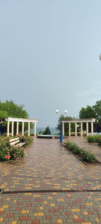 This vertical, eye-level shot captures a paved promenade leading towards a body of water. The promenade is constructed from colorful interlocking bricks in shades of red, yellow, and gray, with a metal grate running horizontally across it.
To the left, a white wooden bench sits amidst lush green bushes and vibrant pink roses. A trash can is also visible next to the bench. Further back, a white colonnade with multiple pillars frames a view of the sea. On the right, similar colonnades and greenery are present.
In the middle ground, a circular fountain is surrounded by trees. Several lampposts with double globes are spaced along the path and near the colonnades, their blue poles standing out against the muted background. The sky is overcast and a dull gray, suggesting a cloudy day or possibly the aftermath of rain, as the pavement appears wet.
The overall scene evokes a sense of calm and perhaps a slightly melancholic atmosphere due to the overcast weather. The location appears to be a public park or a seaside resort area in Pivdenne, Ukraine. There are no people visible in the image. The focus is on the architectural elements, the landscaping, and the pathway.