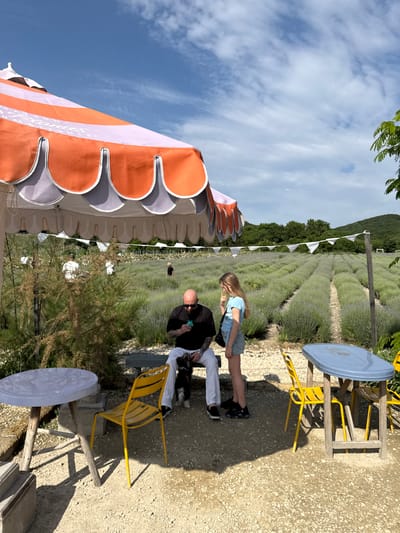 In Semogorskiy, Russia, a man with a shaved head and tattoos sits on a bench under an orange and purple striped umbrella, holding a small green object and looking at his phone. A young blonde girl stands next to him, also looking at her phone. In the background, rows of lavender stretch out into the distance, with several figures visible working amongst the plants. Two yellow chairs and a table are positioned in the foreground, as well as another table on the left. The scene is set on a sunny day with a blue sky and scattered clouds, with a wooded hillside in the background.