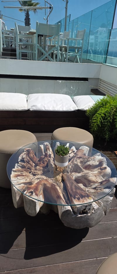 The image captures a scene on a wooden terrace, likely in Riccione, Italy, given the architectural style and potential beachside location suggested by the reflection of palm trees in the nearby glass panels. The primary focus is on outdoor furniture consisting of a round glass-topped table with a base formed from a large, natural piece of wood, potentially a cross-section of a tree trunk. A small potted succulent is situated on the table. Two rounded, upholstered chairs are positioned around the table.
Beside the furniture, there is a cushioned bench set against a white structure, with a decorative bush placed between the bench and the table. The background includes a glass barrier overlooking an area with white chairs, implying a patio or outdoor seating area. The overall scene suggests an outdoor dining or relaxation area, potentially part of a hotel or restaurant in a coastal setting.