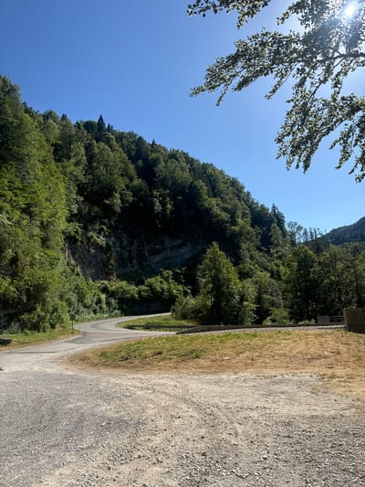 This image depicts a winding road through a forested mountainside under a clear blue sky. The road, paved with asphalt, curves sharply to the left, with a gravel shoulder on the right. The mountainside is densely covered with lush green trees, with a rocky cliff face visible on the left. The foreground consists of a gravel area, possibly a parking or rest stop, with dry grass and a concrete barrier. The sun shines brightly, casting some shadows from tree branches in the upper right corner. The scene suggests a rural, natural environment.