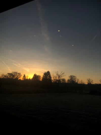 A sunrise paints the sky in hues of orange and yellow, partly obscured by silhouetted trees along the horizon. A dark, grassy field stretches towards the foreground, fading into deep shadow. In the sky, contrails intersect, adding linear patterns. Several faint, round shapes are visible in the upper left portion of the frame, resembling bubbles or dust particles. The image has been rotated.