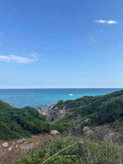 This image captures a coastal landscape view in Ramatuelle, France, under a clear, bright blue sky with minimal, wispy white clouds. The Mediterranean Sea dominates the midground, presenting a distinct color gradient from a vibrant turquoise closer to the shore to a darker blue further towards the horizon. A single white motorboat is stationary in the turquoise water, positioned slightly right of the frame's center. Several faint white specks, indicative of distant boats or buoys, are visible further out on the deeper blue water.
The foreground and midground consist of a rugged, sloping terrain heavily covered with dense, dark green coastal vegetation and scattered exposed grey rocks. Patches of dry, yellowish-brown grass are visible, particularly in the immediate foreground. A narrow rocky inlet is discernible on the left side where the land meets the sea. Within this inlet, near the water's edge, two indistinct human figures are present; one appears to be wearing a red garment. A thin, white horizontal rope or wire fence stretches across the lower foreground, secured to a rough wooden post positioned in the lower right corner of the frame.
