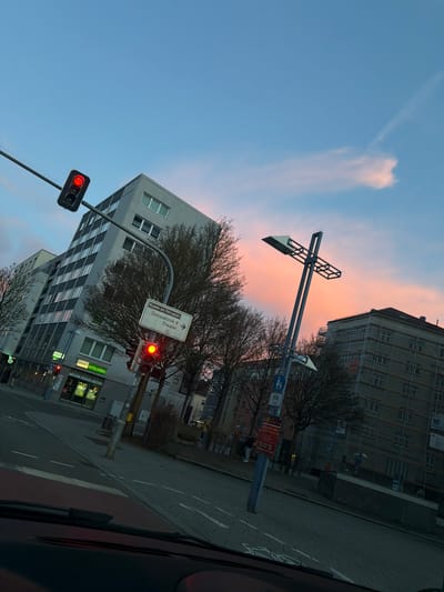 Here is a description of the image:
The image shows a street scene in Neu-Ulm, Germany, at dusk. The sky is a mix of blue and pink hues. A tall, modern building is visible, along with streetlights and traffic signals. One traffic signal displays a red light. A directional sign points towards "Museen am Petrusplatz, Donauklinik, Theater". Pedestrians are walking on the sidewalk. There is a bicycle path sign. The buildings have scaffolding on them. A branch of "GEERS GUTES HÖREN", an audiologist, is located in one of the buildings. The picture appears to have been taken from inside a vehicle.