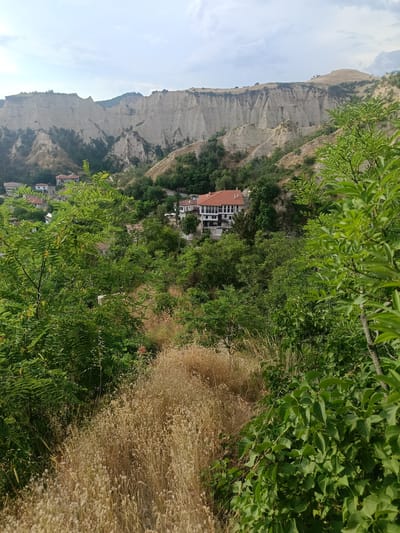 The image captures a scenic view of Melnik, Bulgaria, a town renowned for its unique sand pyramids and traditional architecture. The scene is set on a sunny day, likely late morning or early afternoon, given the bright, diffused light and clear sky with scattered clouds.

The foreground is dominated by lush green foliage and dry, golden grasses, suggesting a summer or early autumn setting. This natural element frames the view of the town and the dramatic geological formations behind it.

In the mid-ground, traditional Bulgarian houses with distinctive red-tiled roofs are nestled amongst the trees and on the slopes. One prominent building, a multi-story house with white walls and dark wooden balconies, stands out. The architecture suggests a historical context, indicative of the preserved old town of Melnik.

The background features the iconic Melnik sand pyramids, towering and sculpted by erosion into dramatic shapes. These natural wonders form a striking backdrop to the human settlement. The landscape is a blend of natural beauty and historical architecture, creating a picturesque and tranquil atmosphere. There are no visible people or objects of human activity in the scene itself, besides the houses. No text is visible in the image.