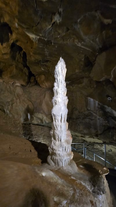 This media file showcases a close-up view of a speleothem, likely a stalactite or stalagmite, within a cave. The speleothem is elongated and textured, appearing to be formed from mineral deposits, possibly calcite, giving it a rough, layered appearance. It is predominantly white and light grey, with some areas showing a wet, glistening surface, suggesting water seepage.
The background reveals the natural, rugged rock formations of the cave walls. These are composed of various earthy tones, ranging from dark browns and greys to lighter tan and ochre hues, with visible stratification and textured surfaces. In the upper right portion of the image, a metal railing and support structure, part of a pathway or safety feature for visitors, are visible, indicating this is a cave accessible to the public. The lighting appears to be artificial, typical of cave illumination, casting shadows and highlighting the formations.
There is no discernible activity or event taking place, as the image focuses solely on the geological formations. The scene evokes a sense of the subterranean and the natural processes of geological time. The lack of visible text or clear time of day cues suggests the photograph was taken during a visit to the cave. The location context places this in Vavřinec, Czechia, suggesting it's a natural attraction in that region.