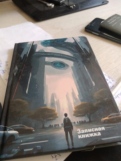 The image displays a notebook with a futuristic cityscape and a lone figure walking away from the viewer on a street. The notebook cover depicts towering, stylized buildings with an elevated structure in the sky. In the foreground, there are trees, cars, and a crowd of silhouetted figures. Text in white, in Russian, reads "Записная книжка," which translates to "Notebook." The notebook is positioned on a wooden surface, with other objects visible in the background, including a phone and a black case. The lighting suggests an indoor setting. There is no information in the image that places the scene in the city of Bogoslovo, Russia.