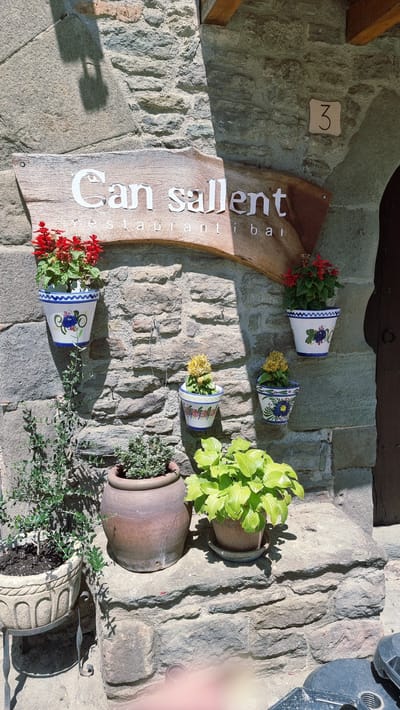 The image shows the exterior facade of a stone building in Rupit, Spain. A weathered wooden sign with white lettering reads "Can sallent restaurant i bar". Several potted plants are displayed on the stone wall and on stone ledges. These include red flowers in a pot with blue and white trim, yellow flowers in two small decorated pots, a plant with bright green leaves in a small pot, and a larger terracotta pot containing a green plant. To the right of the sign, a square beige plaque with the number "3" is affixed to the stone wall. A dark doorway is visible on the far right of the image. The scene is illuminated by sunlight, casting shadows on the stone wall.