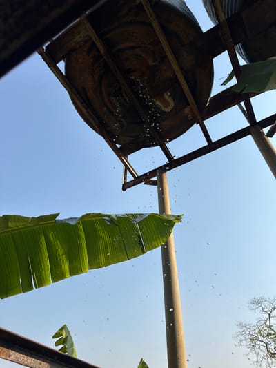This image, captured in Ozalla, Nigeria, depicts an outdoor scene under a clear, bright blue sky. A dark-colored, elevated water storage tank is positioned centrally in the upper frame, supported by a rusty, angular metal framework and a thick, light-brown vertical pole. Water is actively leaking from the underside of this tank, forming multiple distinct droplets that are visible in various stages of descent. Below the primary tank, a large, broad green banana leaf, appearing wet, extends across the lower-mid frame, catching some of the falling water. Another dark-colored water tank is partially visible in the upper right background. In the distant right background, bare branches of a tree are visible against the sky. No individuals are present.