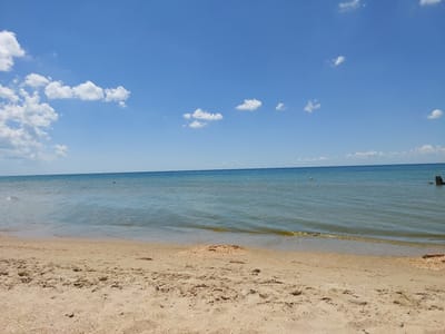 This media file depicts a serene beach scene on a bright, sunny day. The foreground is dominated by a sandy beach, with scattered seashells and some debris visible. The sand appears to be fine-grained and light in color, with some footprints suggesting recent activity.

The middle ground features the gentle, calm waters of the sea. The water is a clear blue-green, with subtle ripples and waves lapping at the shore. A few small buoys are visible in the distance, indicating some form of demarcation or possibly a recreational area. The horizon line is sharp, separating the sea from the sky.

The sky above is a vibrant blue, dotted with fluffy white clouds. These clouds are scattered, with some larger formations and smaller wisps, suggesting fair weather. The lighting indicates it is likely midday, with the sun high in the sky.

There are no people or specific objects of interest other than the natural elements of the beach, sea, and sky. The overall mood conveyed is one of peace and tranquility, characteristic of a relaxing day at the beach. The location is identified as Vityazevo, Russia. There is no visible text in the image.