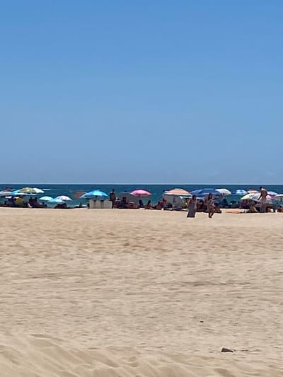 The image captures a sunny day at a beach in Conil De La Frontera, Spain, likely during peak tourist season. The foreground consists of rippled sand, textured by wind and possibly footprints. In the middle ground, a line of beach umbrellas in various colors – including blue, pink, and patterned designs – shades a scattering of people. Some individuals are visible under the umbrellas, while others are standing or walking on the sand. The people appear to be relaxing, socializing, or moving around the beach. In the background, the calm, blue ocean stretches towards the horizon, meeting a clear, bright blue sky. The overall scene conveys a typical summer day at a popular coastal resort.