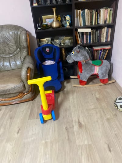 The image shows an indoor scene, likely a living room or playroom, with wooden flooring. In the foreground, a bright yellow and red toy push car with blue wheels is positioned on the floor. To the left, a portion of a large, brown, leather armchair is visible. Behind the armchair and push car, a blue child's car seat is situated. In the background, a tall, dark brown bookshelf filled with books is prominent. To the right of the bookshelf, a plush gray rocking horse with red accents and a green saddle is on the floor, with its rocking base visible. A partially visible black and white ball with dark spots is also present on the floor to the far right. The lighting suggests an interior setting during the daytime. The image does not provide any information to place it in the city of Афанасьево, Russia.