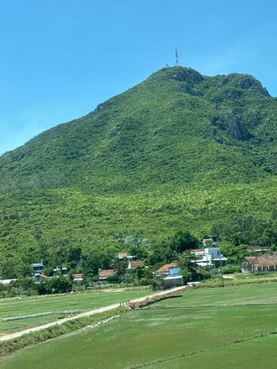 The image depicts a panoramic view of a verdant landscape dominated by a large, lush green mountain that occupies the upper two-thirds of the frame. A communication tower is visible at the summit of the mountain. The lower third of the image features a rural village nestled at the base of the mountain, interspersed with lush vegetation and trees. In the foreground, a vast expanse of bright green rice paddies stretches across the scene, separated by a dirt road. The sky is a clear, vibrant blue. The scene suggests a tranquil, natural environment with evidence of human habitation in the form of the village and agricultural fields. This scene is characteristic of the outskirts of Tuy Hoa, Vietnam, a coastal city known for its scenic mountains and agricultural land.