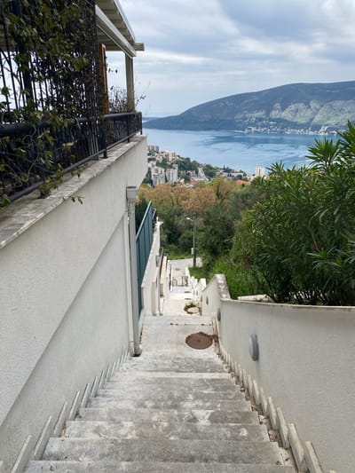 The image shows a view of Trebesin, Montenegro from a high vantage point, likely a residential area on a hillside. The photograph appears to have been taken on a bright but overcast day. The scene includes a section of a building with a white exterior wall and an iron railing covered in climbing vines. In the background, one can see the Bay of Kotor, with mountains rising on the opposite shore. The town is visible along the coastline, with buildings and vegetation interspersed. A set of outdoor concrete stairs runs alongside the white wall, leading downwards. Street lighting and a manhole cover are also visible.