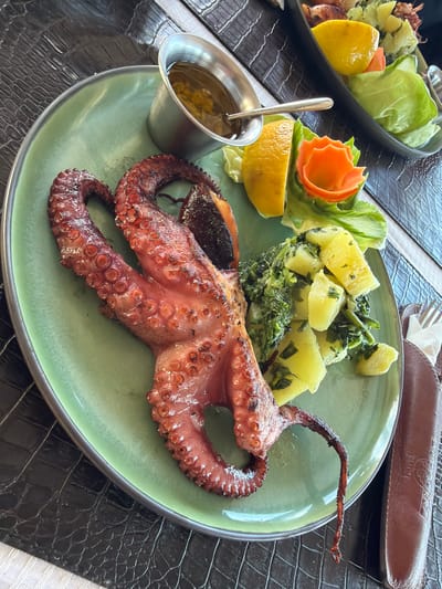 A close-up photograph captures a plate of grilled octopus served at a restaurant in Krašići, Montenegro. The octopus, browned and glistening with oil, is the central focus of the image. It is accompanied by a side of boiled potatoes mixed with leafy greens. A half-slice of lemon is present for seasoning. A small metal container holds a dipping sauce, likely olive oil or a similar vinaigrette. The food is arranged on a light green plate with a metallic rim, set atop a dark brown, textured placemat, which possibly mimics the look of crocodile leather. Another plate containing lettuce and lemon can be seen in the background. A cutlery case lays to the right and a cutlery on the top left of the image.