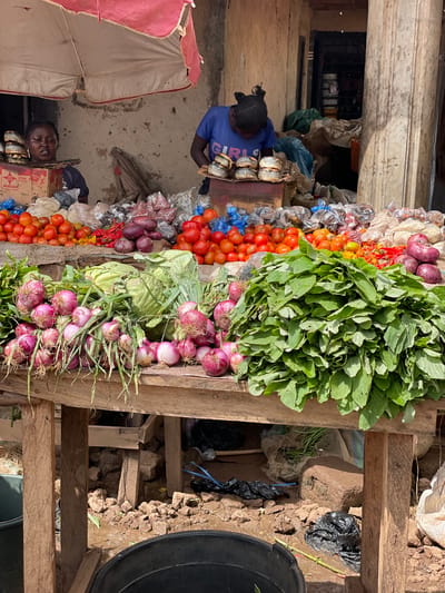 A woman wearing a blue t-shirt with "GIRLS" printed on it is behind a market stall in Mbar, Nigeria. She is arranging fish for sale. In front of her, a wooden table displays a variety of fresh produce including tomatoes, onions, cabbage, and leafy greens. The market appears to be outdoors, with a red and white striped canopy providing shade. The ground is muddy and littered with rocks and plastic bags. In the background, another person is visible in the stall.