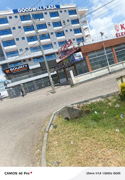 The image displays an urban street scene in Nakuru East ward, Nakuru City, Kenya, under a partly cloudy sky. The prominent structure is the multi-story "GOODWILL PLAZA," a grey building with numerous blue-tinted windows, which houses "BOUNTY SUPERMARKET" on its ground floor, marked by an orange shopping cart logo. Adjacent to Goodwill Plaza, a shorter, two-story brown building with barred windows features a red sign for "KIMSA ELECTRICALS," identifiable by a lightbulb emblem.
In the foreground, a paved street curves from the lower left toward the mid-right. A concrete curb separates the street from a grassy area that occupies the lower right, containing scattered litter including plastic and paper debris. A dark utility pole with overhead wires stands centrally, partially obscuring the buildings. Two individuals are visible on the sidewalk in front of the "BOUNTY SUPERMARKET" entrance, their features indistinct due to distance and resolution. Security gates are visible at the entrance to the supermarket. Overhead streetlights are mounted along the roofline of the Kimsa Electricals building. The scene is illuminated by daylight.