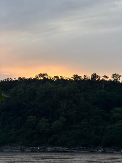 The image captures a serene sunset scene over the Mekong River in Luang Prabang, Laos. The sky is painted with soft hues of orange and grey, transitioning into a pale blue towards the top. Below the sky, a dense, dark green forest covers a hillside, with the silhouettes of trees starkly outlined against the colorful horizon. At the base of the hillside, along the riverbank, a series of small, boat-like structures or floating platforms are visible, possibly moored for leisure or transport. The river in the foreground reflects the muted colors of the sky, with subtle ripples indicating a gentle current. The overall atmosphere is one of tranquility and natural beauty.