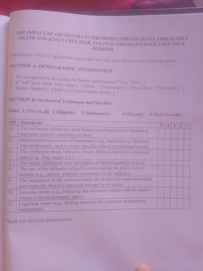 The image shows a page from a questionnaire titled "THE IMPACT OF ORCHESTRA IN THE PRODUCTION OF DANJA ABDULLAHI'S DEATH AND KING'S GREY HAIR AND FEMI OSOFISAN'S ONCE UPON FOUR ROBBERS". The questionnaire is divided into two sections: Section A: DEMOGRAPHIC INFORMATION and Section B: Orchestral Techniques and Specifics. Section A asks demographic questions, including patronage of the Arena for theater performance and status. Section B contains a table with statements about the orchestra's role in the production, which respondents are asked to rate on a scale of 1 (Not at all) to 5 (Very Greatly). The questionnaire appears to be printed on white paper with light purple text. There are no people or specific locations mentioned in the image, and therefore, no information about Magajin Gari, Nigeria can be extracted. The image is a close-up of the questionnaire, with some text at the top and bottom of the page slightly out of focus.