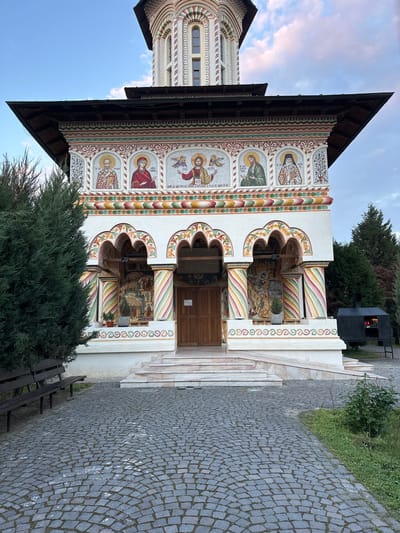 This vertical shot captures the ornate exterior of an Eastern Orthodox church or monastery, likely situated in Craiova, Romania. The main subject is the richly decorated facade of the building, predominantly white, adorned with vibrant frescoes or mosaics. These artworks depict various saints and biblical scenes, arranged in rows along the upper wall and within arched recesses that form a portico-like entrance.

The facade features intricate decorative patterns in a palette of reds, greens, yellows, and browns, outlining architectural elements and separating the mosaic panels. The central entrance is a dark wooden double door, set within a deeply painted archway. More detailed frescoes depicting narrative scenes are visible within the arched spaces above the entrance and to its sides.

To the left, another section of the building, possibly a bell tower, rises with arched windows and similar striped decorative motifs. The building is topped with a dark, overhanging roof with prominent eaves.

The foreground features a neatly laid cobblestone path curving towards the right, with stone steps leading up to the church entrance on the left. A dark wooden bench is visible beside the path. Lush green foliage, including a large evergreen tree and shrubs, frames the lower parts of the structure. In the upper right background, a black outdoor utility box or heater with illuminated elements is partially visible.

The sky is partly cloudy with patches of blue, and the soft, diffused light suggests late afternoon or early evening. Visible text on some of the mosaic icons includes "HRISTOS" (Christ), "ST. IOAN..." (Saint John), and "ST. VASILE" (Saint Basil), written in what appears to be Old Church Slavonic or Greek script.