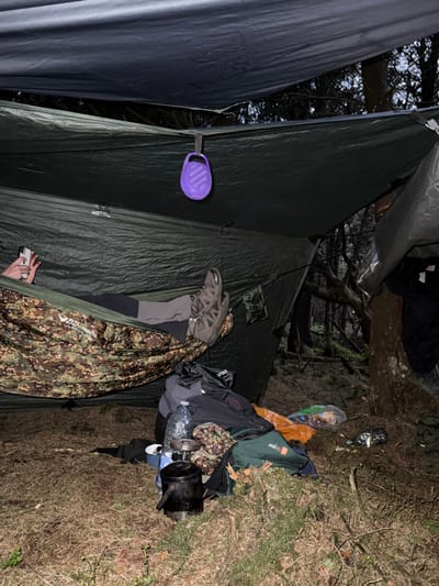 The image shows a person lying in a camouflage hammock suspended between two trees in Macclesfield Forest, United Kingdom, at coordinates 53.26 latitude, -1.99 longitude. The person is wearing black pants and a gray shirt and has their right foot resting on the hammock. The person is using a smartphone in their left hand. There is a purple speaker hanging from the shelter above the hammock. The shelter is a green tarp with a dark blue tarp above it. On the forest floor below the hammock, there are various items, including a black backpack, a gray backpack, an orange bag, a bottle of water, and a metal pot. The ground is covered in dry leaves and grass. The forest is dense with trees and shrubs and the lighting is dim, suggesting it is either early morning or late evening.
