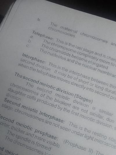 This image depicts a piece of white paper, likely from a textbook or study notes, covered with printed text in English. The scene is located in Orifite, Nigeria. The content visible focuses on biological terms related to cell division, specifically stages of mitosis and meiosis, including "Telephase," "Interphase," "The second meiotic division (Stages)," "Second meiotic Interphase," and "Second meiotic prophase." Key phrases include descriptions of chromosome movement, chromatid elongation, the nucleolus, the duration of interphase, and the characteristics of chromosomes and spindle formation during different stages of meiosis. The paper lies flat, illuminated by a soft, diffuse light source, possibly artificial or ambient daylight, resulting in no harsh shadows. The image is taken from a slightly angled, overhead perspective. No individuals, additional objects, or discernible actions are present in the frame beyond the document itself. The overall quality is fair, with some minor grain and slight blur.