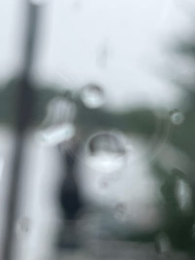 The image is a blurred, abstract shot, possibly taken through a wet window. The foreground is dominated by vertical streaks of light and shadow, suggesting a surface with water droplets. In the midground, there are indistinct shapes of green and white, which could represent foliage and buildings. The overall impression is one of low visibility, with a muted color palette of grays, whites, and dark greens. The scene does not provide any identifiable landmarks or clues to its specific location within Milná, Czechia.