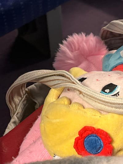 The image shows a close-up of various stuffed toys. A pink pony with a blue mane and black eye is visible next to a fluffy pink ball. A yellow stuffed animal with a red and blue flower sits adjacent to the pony. A tan and white striped strap wraps around the toys, and a mix of red, pink, and tan fabrics are partially visible in the foreground. The background is blurred, with hints of dark blue and purple.