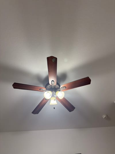 A ceiling-mounted, five-blade fan with dark wood-finish blades and a dark metallic housing is centrally positioned against a light-colored, textured ceiling. An integrated light fixture hangs below the fan, containing three illuminated bulbs. Two bulbs are fitted with inverted bowl-shaped, frosted glass shades, and a third, central bulb features a bell-shaped, frosted glass shade, positioned slightly lower. A pull chain is visible hanging from the central light fixture. A patch of light green discoloration or residue is present on the upper surface of one of the fan blades, positioned toward the top center. The illuminated fixture casts shadows onto the ceiling. In the lower right portion of the frame, a white, circular smoke detector is affixed to the ceiling. The scene is located within a residence or commercial building in East Naples, United States of America. No people or specific actions are observed.