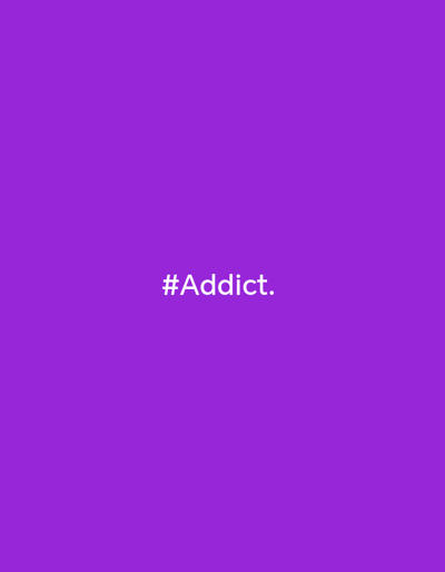 This is a digital image with a solid, vibrant purple background. In the center of the image, the hashtag "#Addict." is displayed in white, sans-serif text. There are no people, objects, or environmental details present in the image. The location of Prikubanskii, Russia is not relevant to the visual content of this image.