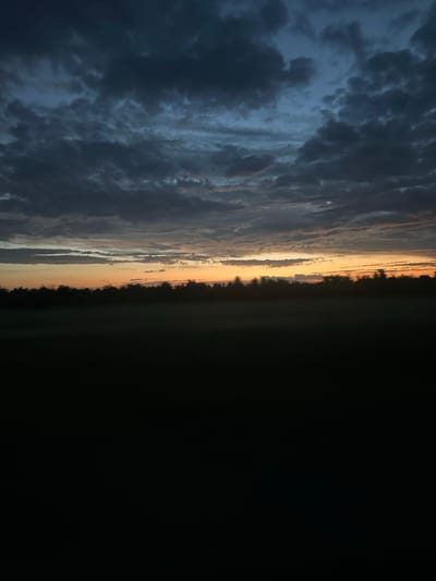This is a horizontal, medium shot photograph of a twilight sky over a dark landscape. The sky is filled with dramatic clouds that range in color from dark gray to a muted blue, with bands of orange and yellow near the horizon, suggesting the last light of sunset or the first light of dawn. Below the sky is a dark, silhouetted line of trees, forming a distant tree line. In the foreground, a large expanse of dark, flat land is visible, appearing as a shadow or a field. The image does not contain any people, objects, or actions, and the location in the city of Moskovskiy, Kazakhstan, is not discernible from the visual information.