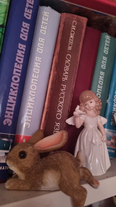 The image shows a bookshelf in a home environment, likely in Aleksin, Russia, given the presence of Russian text on the book spines. The focus is on a collection of books and two decorative figurines.
The books appear to be encyclopedias and dictionaries, with titles such as "ЭНЦИКЛОПЕДИЯ ДЛЯ ДЕТЕЙ" (Encyclopedia for Children) and "СЛОВАРЬ РУССКОГО ЯЗЫКА" (Dictionary of the Russian Language). The spines are in various colors, including blue, light purple, dark red, and green, and are arranged vertically.
In the foreground, a ceramic figurine of a brown rabbit is positioned on the shelf, lying on its side. To the right of the rabbit, a ceramic figurine of a young girl in a white dress holding a white dove is standing. The girl has light brown hair styled in curls and is depicted with a serene expression.
The overall setting suggests a domestic interior, possibly a child's room or a study, with the bookshelf serving as the backdrop for these objects. The lighting appears to be natural or from an indoor source, casting soft shadows. The image is taken from a slightly elevated angle, looking down at the shelf.