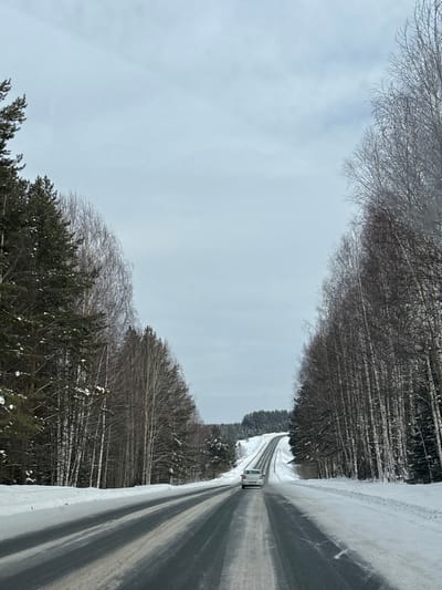 The image depicts a winter scene on a two-lane asphalt road in Novoromashkovo, Russia. The road, partially covered with snow and slush, recedes uphill into the distance, flanked on both sides by a dense forest. On the left, coniferous trees, primarily pines, are visible with snow on their branches, intermingled with bare deciduous trees, likely birches. On the right, a denser stand of bare deciduous trees, predominantly birches with white bark, lines the roadside, also with snow on the ground. A white four-door sedan is observed in the right lane, driving away from the viewer towards the crest of the hill. The sky is uniformly overcast with a light grey cloud cover, indicating diffused daylight. No discernible people or specific interactions are visible, though the image's perspective suggests it was captured from a moving vehicle.