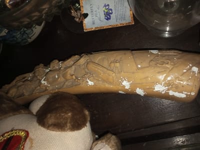 A carved, tan-colored tusk-like object with intricate relief artwork sits amongst other items. The carving appears to depict a scene with figures in traditional dress. Damage is visible as white spots marring the surface of the carving. It's partially obscured by a plush toy with a dark brown ear. Nearby, a tag reading "Butterfly Pea" can be seen along with glass vases. The arrangement suggests a collection of diverse objects placed together.