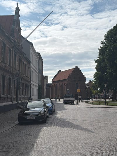 The image captures a street scene in Lund, Sweden, featuring historic architecture and urban elements under a partially cloudy sky. On the left, a row of old brick buildings with detailed facades lines the cobblestone street. A black Volkswagen sedan, license plate PDG 95Z, is parked closest to the camera, followed by a blue car. In the background, a distinct brick building with a red tiled, stepped gable roof and arched windows stands prominently. Several pedestrians are visible walking on the sidewalk near this building and further down the street. A white pickup truck is parked on the right side of the street. A large, dark green tree dominates the right side of the frame, casting a shadow on the cobblestone pavement. A tall flagpole extends diagonally across the upper portion of the sky, originating from a building on the left.