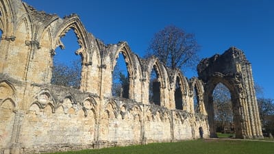 The scene depicts the extensive, weathered stone ruins of St Mary's Abbey, located within the Museum Gardens in York, United Kingdom, under a clear blue sky. The foreground and midground are covered by vibrant green grass. The ruins, constructed from light-colored stone, feature a long wall with multiple Gothic pointed arches, some largely intact, others fragmented or missing their upper sections. A lower segment of the wall displays a series of smaller, ornate blind arches. Bare deciduous trees are visible behind and through some of the arches, suggesting a late winter or early spring setting. A single individual, dressed in dark clothing, stands near the base of one of the larger arches on the right side of the structure, providing a sense of scale to the ancient architecture. The person appears to be observing the area.