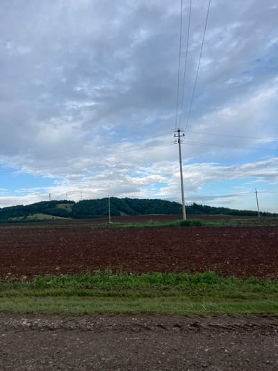 The image depicts a rural landscape with a plowed field in the foreground, a tree-lined hill in the midground, and a cloudy sky in the background. The field is a dark reddish-brown, indicating freshly turned soil. A strip of green grass runs along the edge of the field.
Several utility poles with wires are visible in the midground, stretching across the frame. The hill is covered with dense green trees, and what appear to be several communication towers are scattered along its crest. The sky is predominantly grey with patches of blue sky peeking through the clouds.
The scene is likely located in a rural area outside of Fedotovo, Russia, given the characteristic landscape of agricultural fields and forested hills common to the region. There are no people or animals visible in the image. The overall impression is one of a vast, open landscape under a dramatic sky.