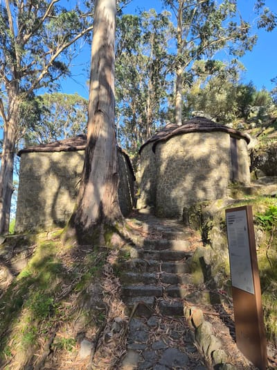 The image depicts two stone constructions, possibly old watermills or storage buildings, along a stone staircase. A sign with the text "SETOR CVI (SECTOR CVI) CAMINHO OLD PATH - VELHA" is visible near the stairs. Trees with smooth, pale bark are prominent in the foreground and background. The location is likely in Esposende, Portugal, given the Portuguese text on the sign. The time of day is likely daytime, judging by the sunlit scene. There are no people visible in the image. The environment appears to be a wooded area alongside the stone constructions. The leaves on the ground suggest it might be autumn.